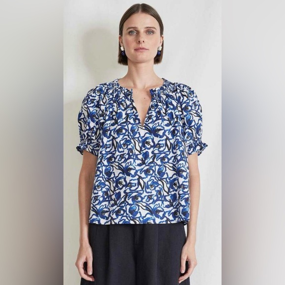 Apiece Apart Tops - Apiece Apart Blue White Kasin Floral-Print Puff-Sleeve Top